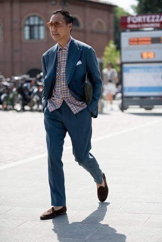 Teal Suit Outfits: Reach for a teal suit and a multi colored plaid short sleeve shirt for casual sophistication with a manly twist. Finishing off with dark brown suede loafers is a surefire way to introduce a bit of fanciness to this ensemble.