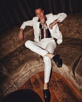Men's White Suit, Multi colored Vertical Striped Short Sleeve Shirt, Black Leather Loafers, Gold Watch