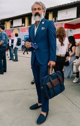 Navy Canvas Briefcase Outfits: Pair a navy suit with a navy canvas briefcase for an on-trend, casual look. Put a more elegant spin on an otherwise standard getup by finishing off with navy canvas loafers.