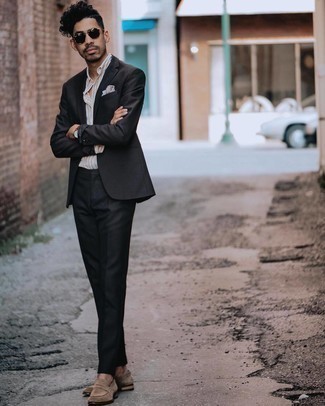 Dark Brown Suit Outfits: Marrying a dark brown suit with an orange vertical striped short sleeve shirt is an amazing choice for a casually classic outfit. A nice pair of tan suede loafers is a simple way to add a little kick to the ensemble.