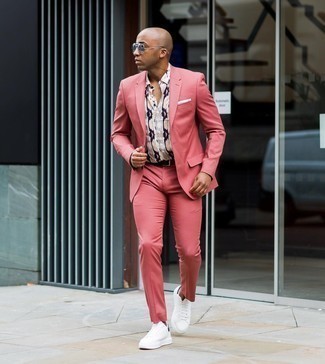 Men's Hot Pink Suit, Beige Print Short Sleeve Shirt, White and Navy Canvas Low Top Sneakers, White Pocket Square