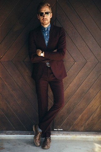 Men's Burgundy Suit, Blue Print Short Sleeve Shirt, Brown Leather Oxford Shoes, Dark Brown Leather Belt