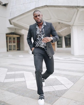 Men's Charcoal Suit, Black and White Print Short Sleeve Shirt, White and Black Canvas Slip-on Sneakers, Silver Watch