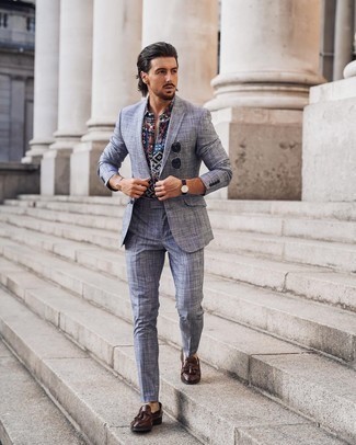 Light Blue Plaid Suit Outfits: Combining a light blue plaid suit with a multi colored print short sleeve shirt is an amazing pick for a casually sleek ensemble. Want to play it up in the shoe department? Complement your ensemble with a pair of dark brown leather tassel loafers.