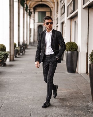 Men's Black Check Suit, White Short Sleeve Shirt, Black Leather Tassel Loafers, Black Leather Belt