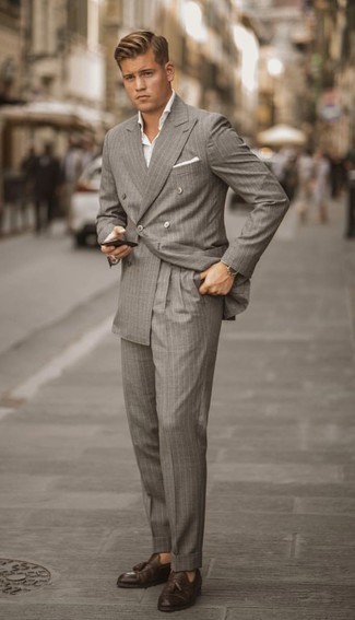 Grey Vertical Striped Suit Outfits: If the occasion calls for a polished yet knockout ensemble, choose a grey vertical striped suit and a white short sleeve shirt. Clueless about how to round off this look? Finish off with dark brown leather tassel loafers to bump it up.