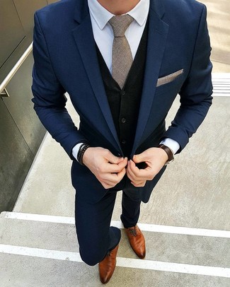 Black Beaded Bracelet Outfits For Men: This combo of a navy suit and a black beaded bracelet is an obvious choice for off duty. Tobacco leather derby shoes will immediately elevate even your most comfortable clothes.