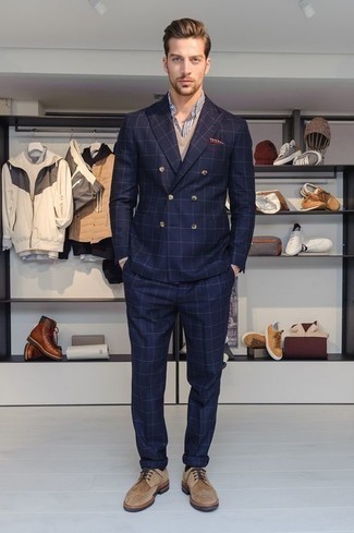 Tan Suede Brogues Outfits: Putting together a navy check suit and a beige sweater vest is a surefire way to inject personality into your styling lineup. Infuse a carefree feel into this ensemble by finishing with a pair of tan suede brogues.
