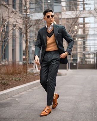 Tan Sweater Vest Outfits For Men: This is solid proof that a tan sweater vest and a dark green suit look amazing when you pair them together in an elegant look for today's guy. Rounding off with a pair of tobacco leather double monks is the most effective way to introduce a more casual touch to your look.