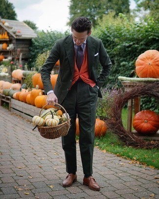 Brown Leather Monks Outfits: Undeniable proof that a dark green suit and an orange sweater vest look awesome when paired together in a polished ensemble for a modern dandy. Feeling adventerous today? Mix things up a bit by finishing with brown leather monks.