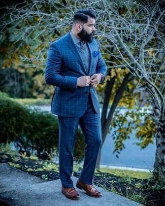 Blue Pocket Square Outfits: This combo of a navy plaid suit and a blue pocket square is a safe and very stylish bet. If you want to effortlessly up the ante of this getup with one item, why not complement your ensemble with dark brown leather brogues?