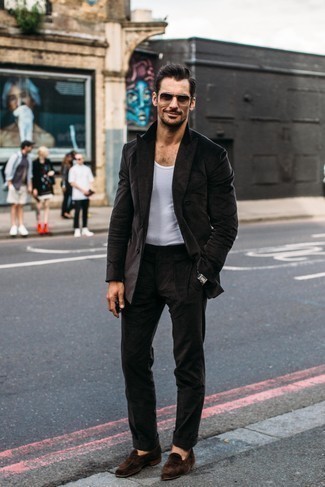 Tank Outfits For Men: Combining a tank and a dark brown suit is a guaranteed way to infuse your styling routine with some masculine elegance. To add a little zing to this look, introduce a pair of dark brown suede loafers to the equation.
