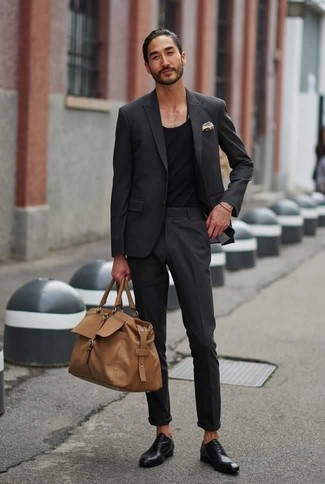 Men's Charcoal Suit, Black Tank, Black Leather Oxford Shoes, Tan Leather Holdall