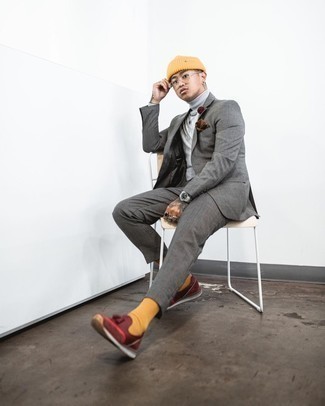 Men's Grey Vertical Striped Suit, Grey Turtleneck, Burgundy Athletic Shoes, Yellow Beanie
