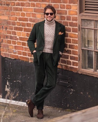 Beige Knit Wool Turtleneck Outfits For Men: This combo of a beige knit wool turtleneck and a dark green corduroy suit is a surefire option when you need to look classy and really smart. Add a pair of dark brown suede casual boots to the equation to immediately dial up the style factor of your look.