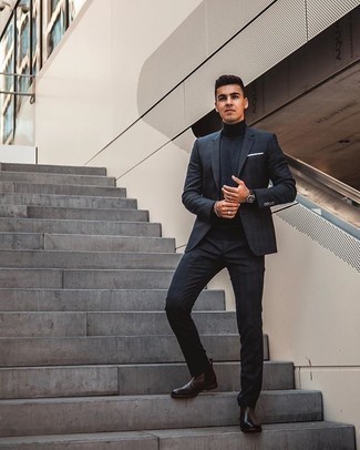 Navy Turtleneck Outfits For Men: For an outfit that's effortlessly smart and wow-worthy, rock a navy turtleneck with a navy plaid suit. When not sure as to the footwear, go with dark brown leather chelsea boots.