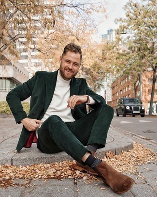 Olive Corduroy Suit Outfits: To look modern and stylish, dress in an olive corduroy suit and a white wool turtleneck. As for footwear, add brown suede chelsea boots to the equation.