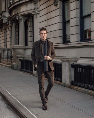 Dark Brown Turtleneck Outfits For Men: For a look that's elegant and camera-worthy, wear a dark brown turtleneck and a brown corduroy suit. Let your outfit coordination skills truly shine by complementing this ensemble with dark brown leather chelsea boots.