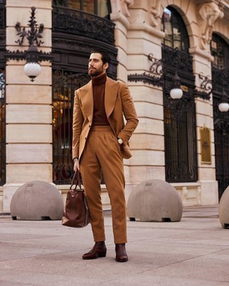Men's Tobacco Suit, Brown Turtleneck, Dark Brown Leather Chelsea Boots, Brown Leather Holdall