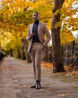 Tan Check Suit Outfits: Showcase that nobody does smart menswear like you by wearing a tan check suit and a navy turtleneck. Now all you need is a pair of dark brown leather chelsea boots to complete your look.