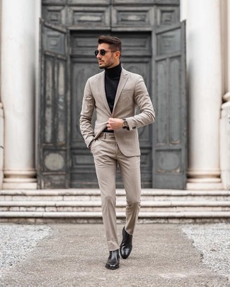 Black Turtleneck Dressy Outfits For Men: For a look that's classic and wow-worthy, wear a black turtleneck with a beige vertical striped suit. We're loving how complete this outfit looks when finished off with a pair of black leather chelsea boots.