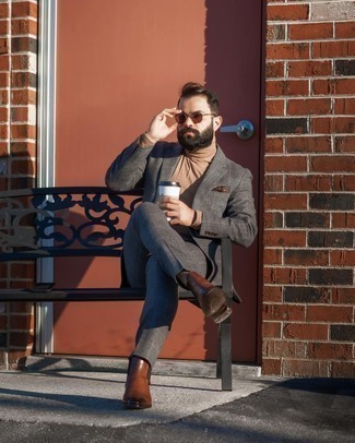 Tan Turtleneck Outfits For Men: A tan turtleneck and a charcoal check suit will add classic style to your daily repertoire. Our favorite of a variety of ways to complete this look is dark brown leather chelsea boots.