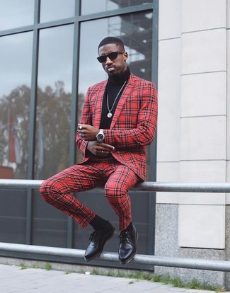 Burgundy Check Suit Outfits: Reach for a burgundy check suit and a black turtleneck if you're going for a clean, seriously stylish ensemble. Rev up the dressiness of this ensemble a bit with a pair of black leather derby shoes.