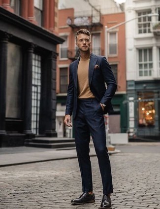 Navy Plaid Suit Outfits: Master the casually smart outfit in a navy plaid suit and a tan turtleneck. Don't know how to finish your outfit? Rock a pair of black leather derby shoes to class it up.