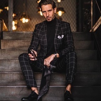 Black Check Suit Outfits: A classic and casual combination of a black check suit and a black turtleneck can keep its relevance in a variety of occasions. Feeling inventive today? Jazz up your outfit by slipping into a pair of black leather derby shoes.