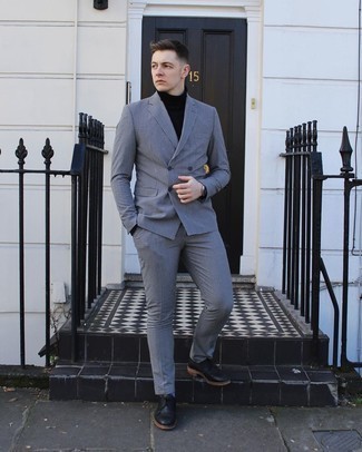 Light Violet Socks Outfits For Men: Wear a black and white houndstooth suit and light violet socks to assemble an incredibly stylish and modern-looking casual outfit. Get a bit experimental in the footwear department and complete your getup with a pair of black leather derby shoes.