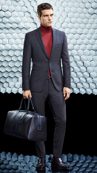 Men's Charcoal Suit, Red Turtleneck, Burgundy Leather Double Monks, Dark Brown Leather Holdall