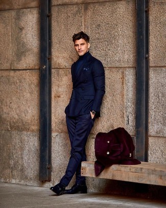 Men's Navy Suit, Navy Turtleneck, Navy Leather Double Monks, Navy and White Print Pocket Square