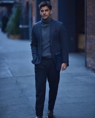 Charcoal Wool Turtleneck Outfits For Men: Make a charcoal wool turtleneck and a navy suit your outfit choice to be the epitome of elegant men's style. On the shoe front, this ensemble pairs really well with dark brown leather double monks.