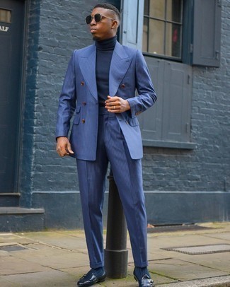 Blue Vertical Striped Suit Outfits: Inject a sophisticated touch into your current lineup with a blue vertical striped suit and a navy turtleneck. You can get a little creative on the shoe front and introduce a pair of navy leather double monks to the mix.