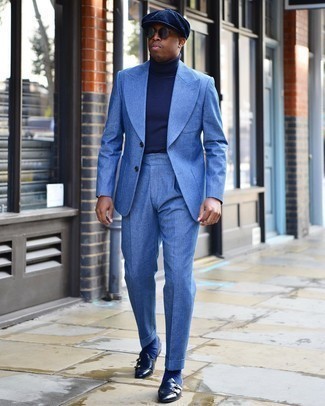 Navy Flat Cap Outfits For Men: Rock a blue suit with a navy flat cap to put together an incredibly dapper and modern-looking casual ensemble. For something more on the elegant side to round off your outfit, add a pair of navy leather double monks to the equation.