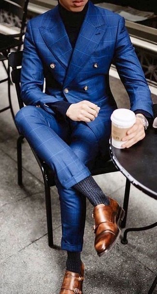 Blue Check Suit Outfits: Team a blue check suit with a black turtleneck to create a proper and elegant getup. Let your styling sensibilities truly shine by rounding off this getup with brown leather double monks.
