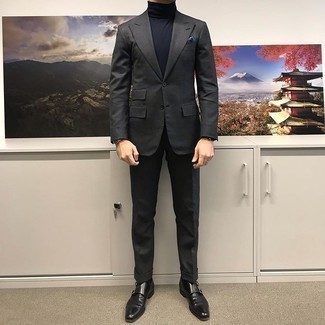 Charcoal Suit Outfits: This classy combo of a charcoal suit and a navy turtleneck is really a statement-maker. Complete this getup with black leather double monks and the whole outfit will come together wonderfully.