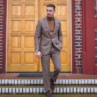 Dark Brown Suede Double Monks Outfits: A brown wool suit and a brown turtleneck are among the key elements of any modern man's wardrobe. Add dark brown suede double monks to this ensemble and the whole ensemble will come together brilliantly.