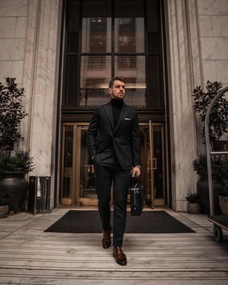 Double Monks Outfits: This look suggests it pays to invest in such elegant menswear items as a charcoal wool suit and a navy turtleneck. A pair of double monks is a winning footwear option here that's full of character.