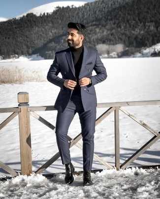 Black Turtleneck Dressy Outfits For Men: For effortless refinement with a masculine twist, choose a black turtleneck and a navy vertical striped suit. If you feel like dialing it up a bit now, add a pair of black leather dress boots to the equation.