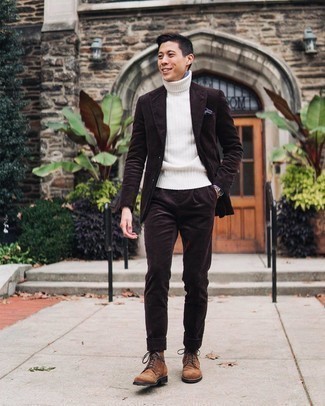 Tobacco Suit Outfits: Make a tobacco suit and a white knit wool turtleneck your outfit choice for sophisticated style with a clear fashion twist. Avoid looking overdressed by finishing off with brown suede casual boots.