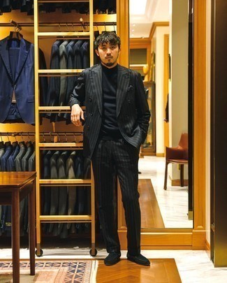 Black Turtleneck Outfits For Men: For a casually neat getup, consider pairing a black turtleneck with a black vertical striped suit — these two items go nicely together. Why not take a more sophisticated approach with footwear and complement your look with black velvet loafers?