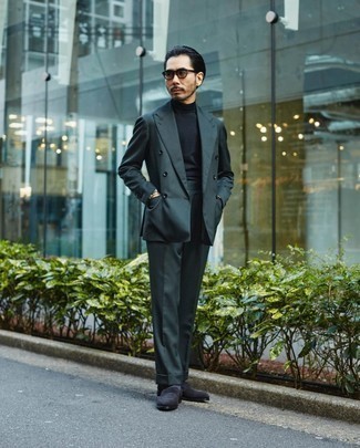 Dark Green Suit Outfits: Wear a dark green suit and a black turtleneck and you're bound to make an entrance. When in doubt about the footwear, go with a pair of charcoal suede loafers.