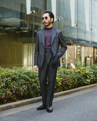 Violet Turtleneck Outfits For Men: Putting together a violet turtleneck and a charcoal suit will be a true exhibition of your outfit coordination savvy. Black suede loafers are a fitting choice here.