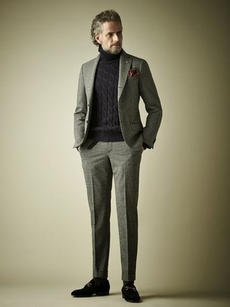 Men's Grey Wool Suit, Black Knit Wool Turtleneck, Black Suede Loafers, Burgundy Pocket Square