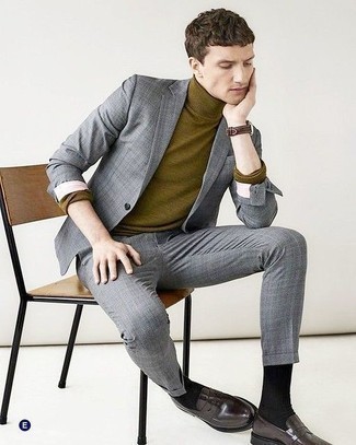 Grey Check Suit Outfits: A grey check suit and an olive wool turtleneck are among the key elements in any man's versatile wardrobe. Tap into some David Beckham dapperness and elevate your ensemble with dark brown leather loafers.