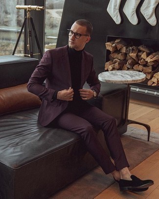Burgundy Suit Outfits: Wear a burgundy suit with a black turtleneck for a truly sharp ensemble. A pair of black velvet loafers is a never-failing footwear style that's also full of personality.