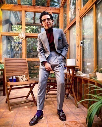 Violet Socks Warm Weather Outfits For Men: Pair a grey suit with violet socks to feel invincible and look casual and cool. Finishing off with burgundy leather loafers is a surefire way to add a little flair to this ensemble.