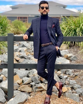 Burgundy Pocket Square Smart Casual Outfits: For an off-duty getup, go for a navy vertical striped suit and a burgundy pocket square — these two items work pretty good together. Finishing off with burgundy leather loafers is an effective way to add a bit of depth to your look.