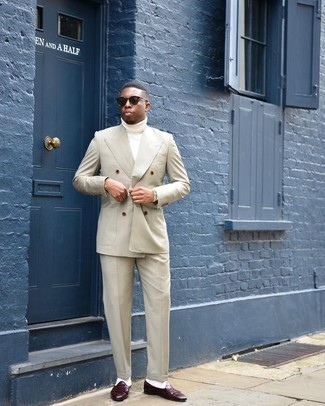 Men's Beige Suit, White Turtleneck, Burgundy Fringe Leather Loafers, Dark Brown Sunglasses